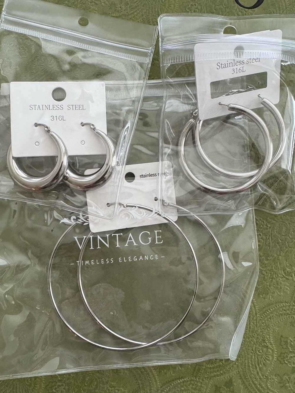 Set of 3: Silver Toned Stainless Steel Hoop Earrings